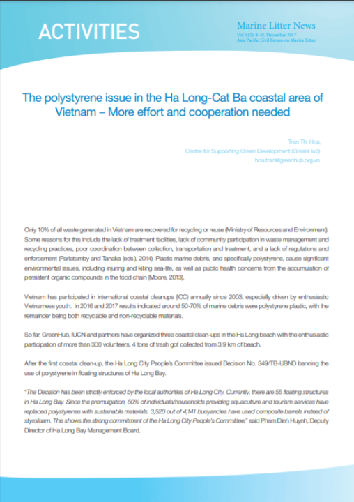 The polystyrene issue in the Ha Long-Cat Ba coastal area of Vietnam - More effort and coooperation needed